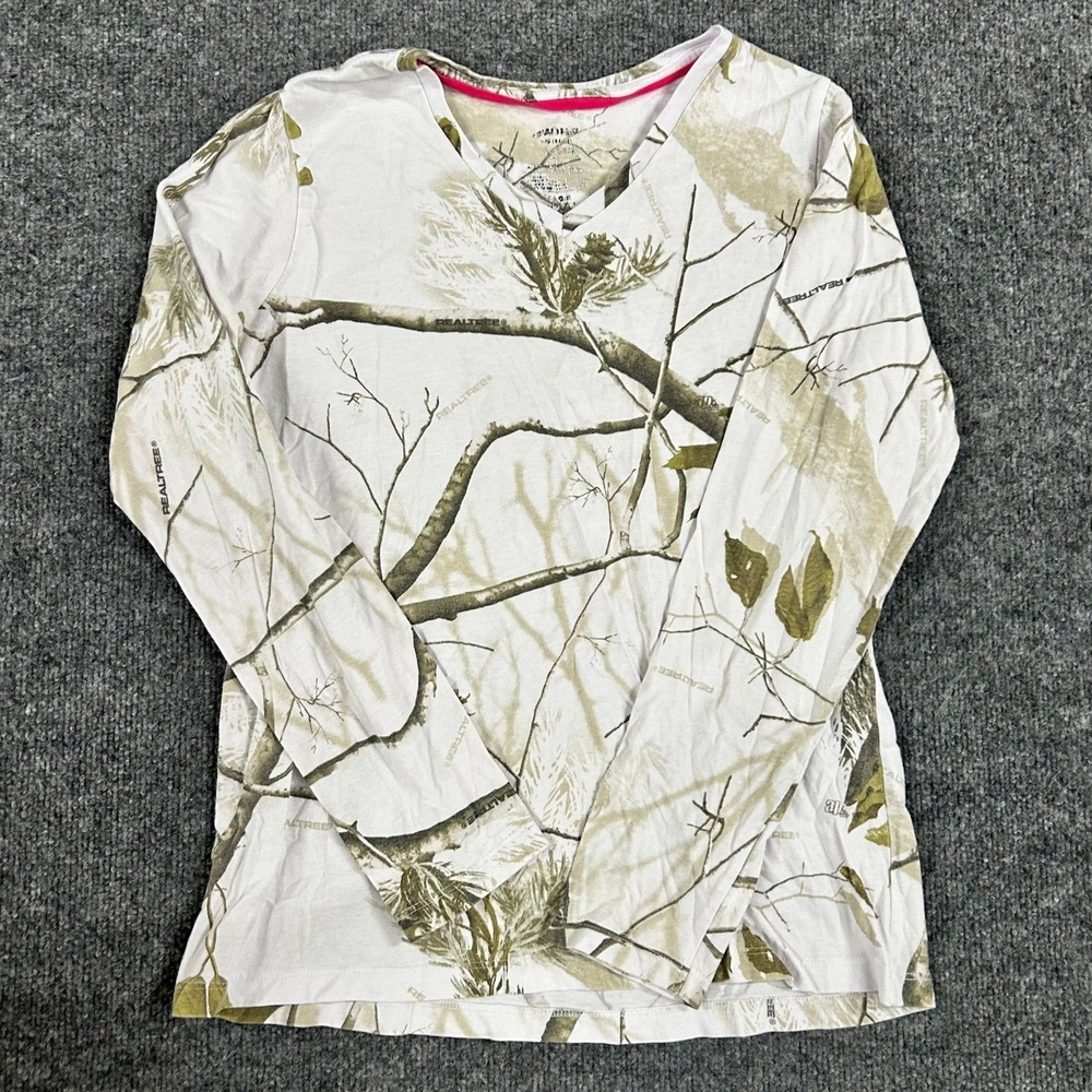 Realtree Shirt Womens Size M White Green Camo Long Sleeve V-Neck Outdoor Casual